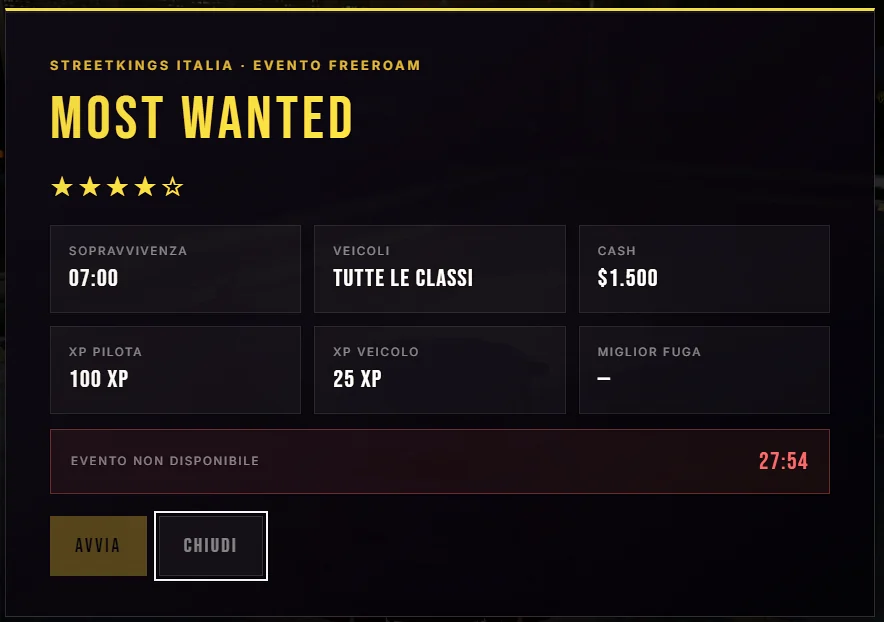 Schermata reale di avvio di un evento Hot Pursuit su Street Racer, con difficoltà e condizioni della sfida.