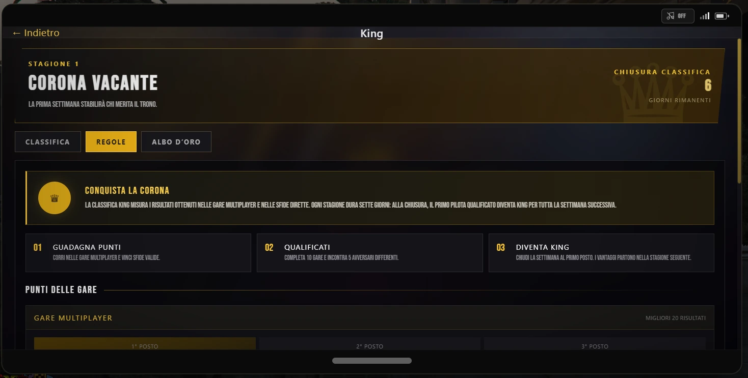 Schermata reale del sistema King con regole, classifica e stagione.