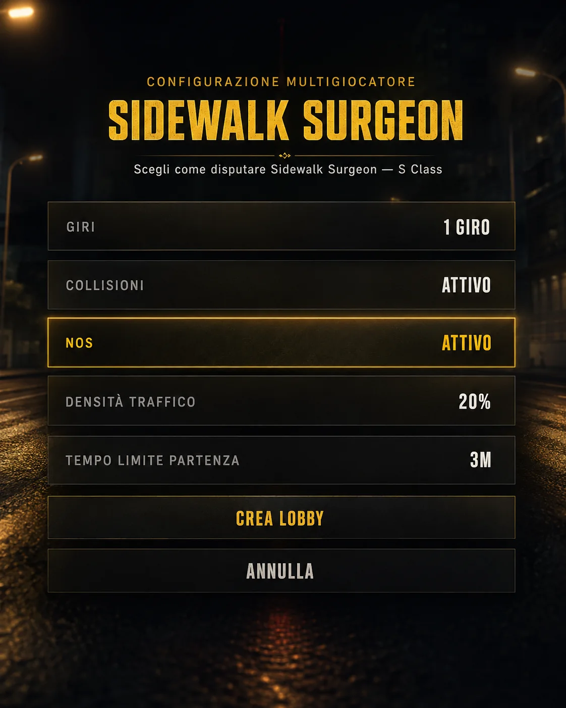 La schermata di configurazione multiplayer dell'evento Sidewalk Surgeon, con giri, collisioni, NOS, traffico e tempo limite di partenza.