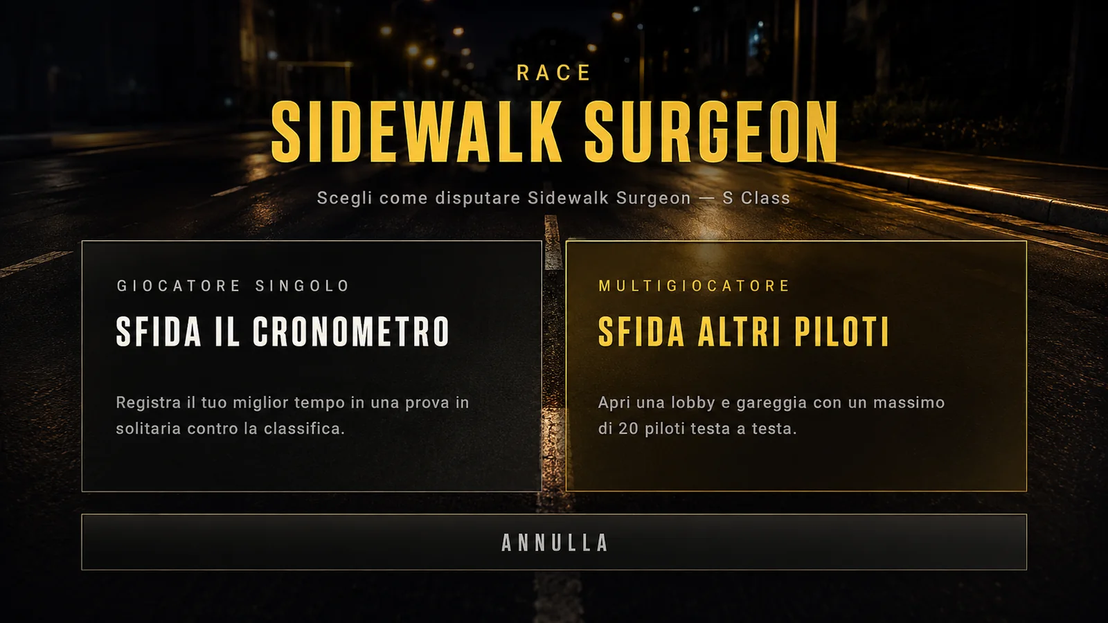 La schermata di StreetKings Italia che mostra la scelta tra modalità giocatore singolo e multigiocatore per l'evento Sidewalk Surgeon.