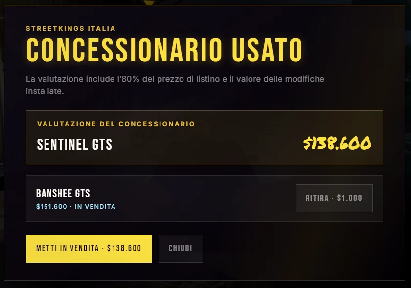 Schermata reale del concessionario usato di StreetKings Italia con la valutazione e la messa in vendita di una vettura.